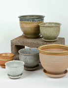 Grouping of pots in various sizes and colors on a white background