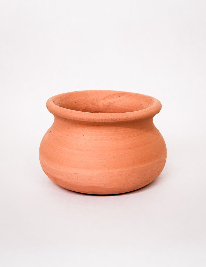 Round terracotta olla planter with bell shape opening