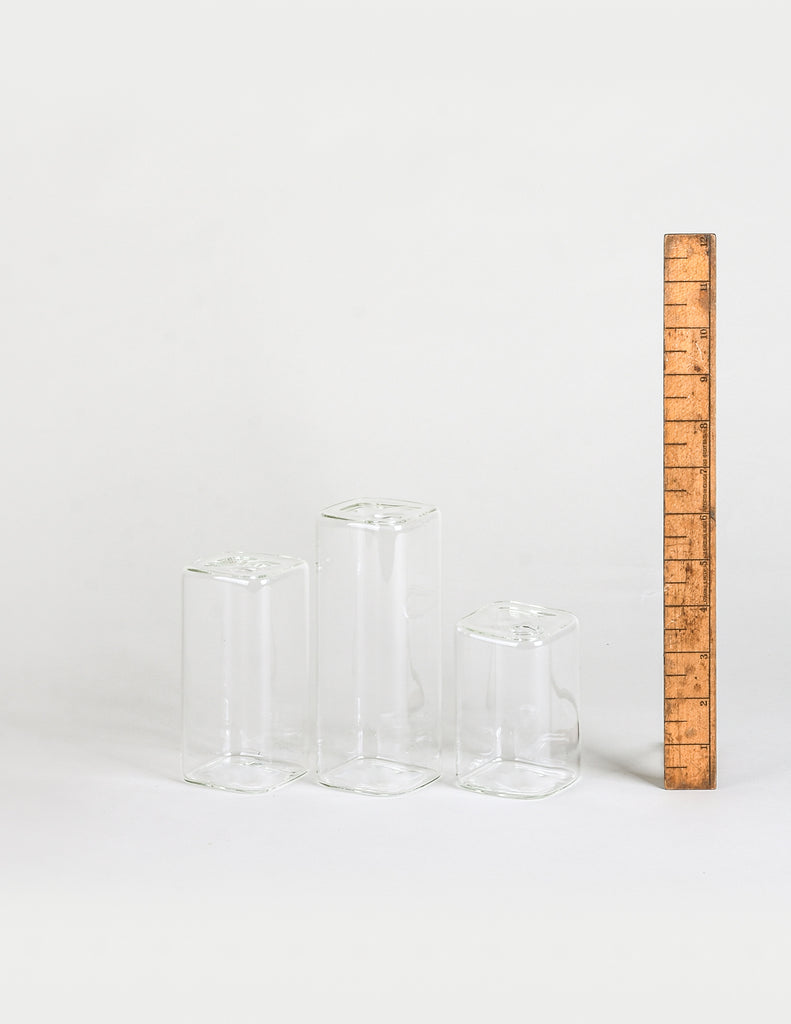 Trio of Glass Progation Vases next to wooden ruler showing heights of 4", 5", 6".